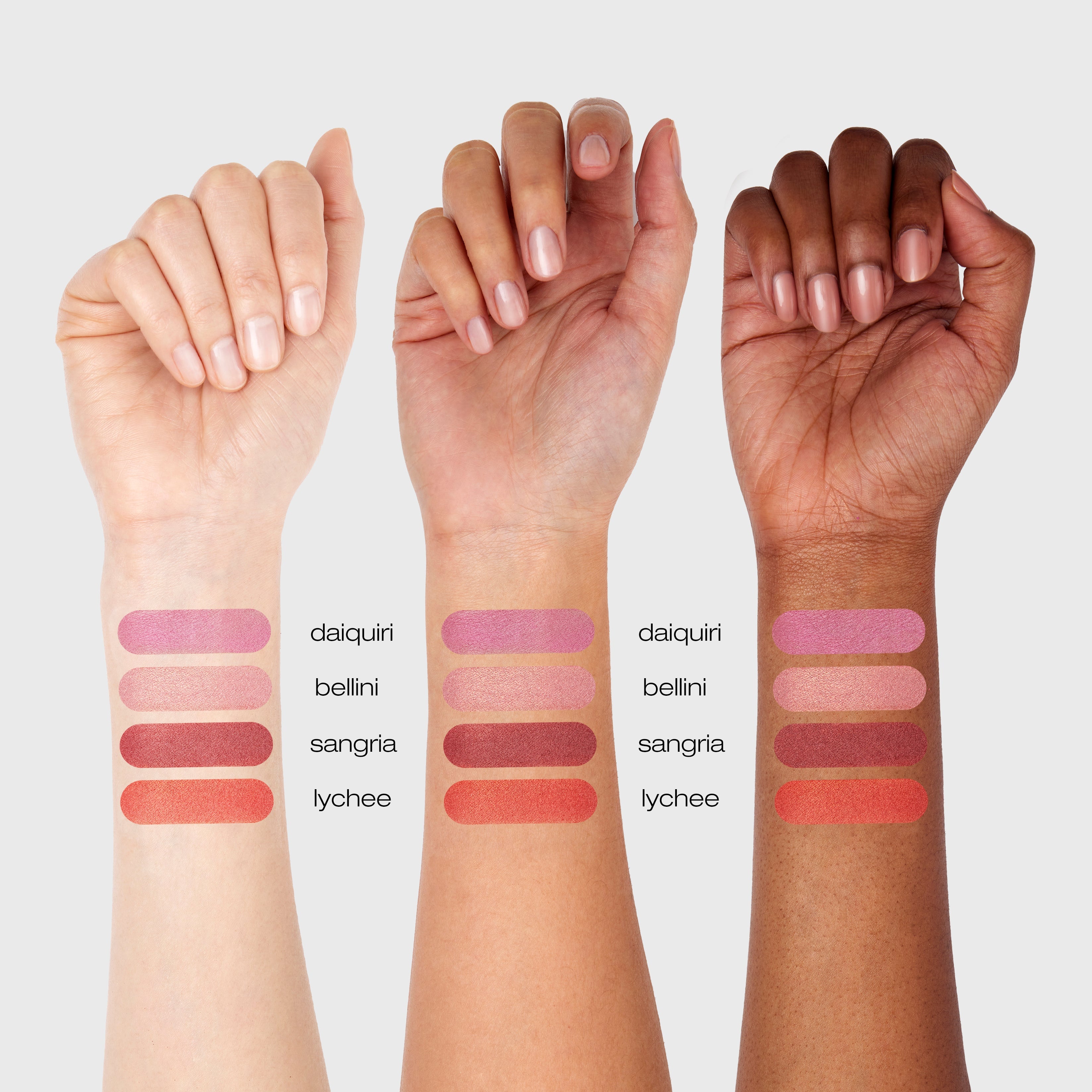 Spread of all the blush options on three different skin tones. Left being the lightest skin