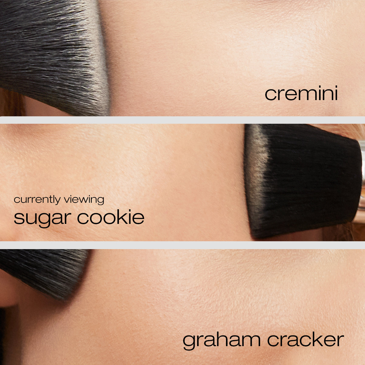 Model applyingsugar cookie, cremini, and graham cracker foundation on cheeks