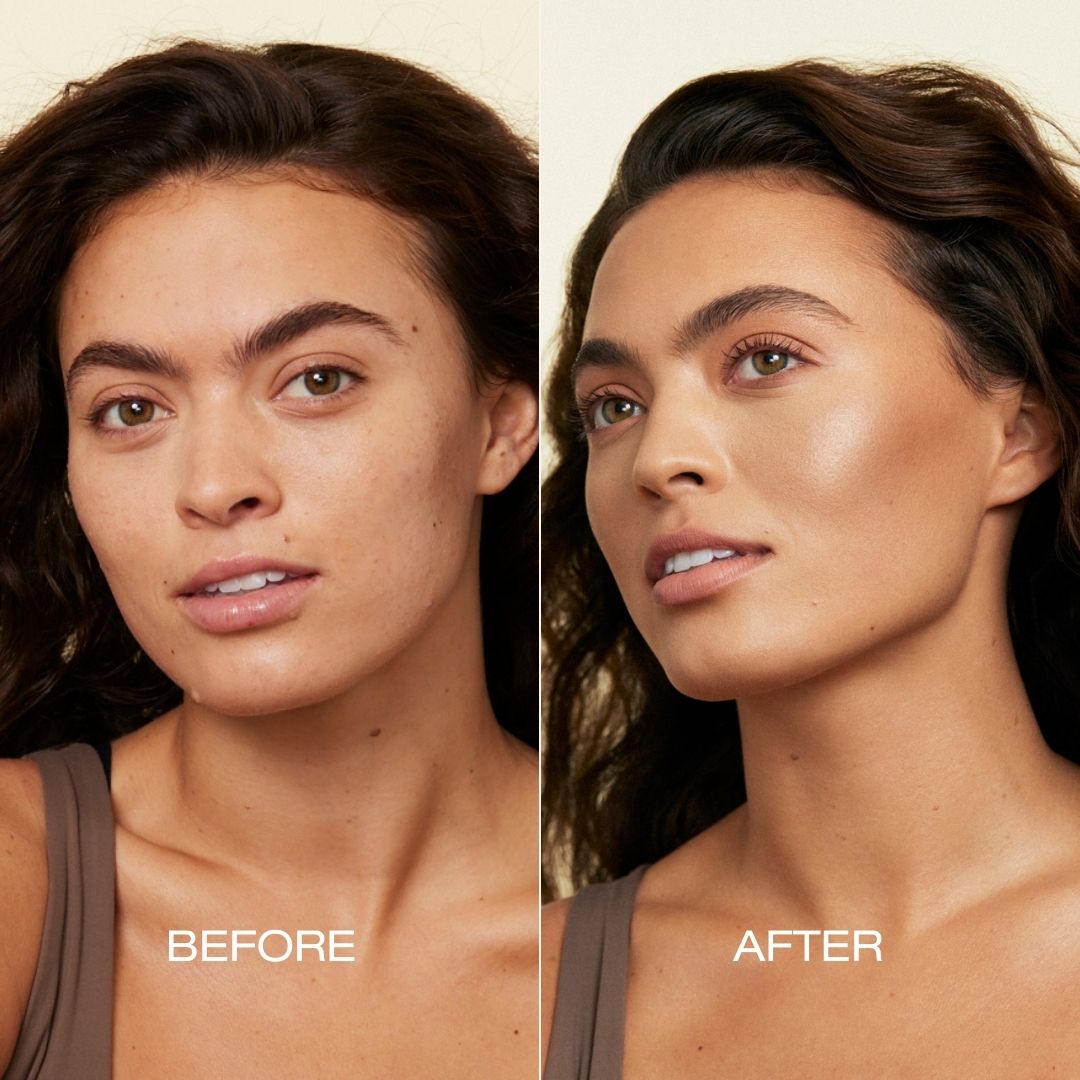 Before and after of bronzer application. Left side shows barefaced model with no makeup and right shows model with complexion completed and tulum bronzer applied 