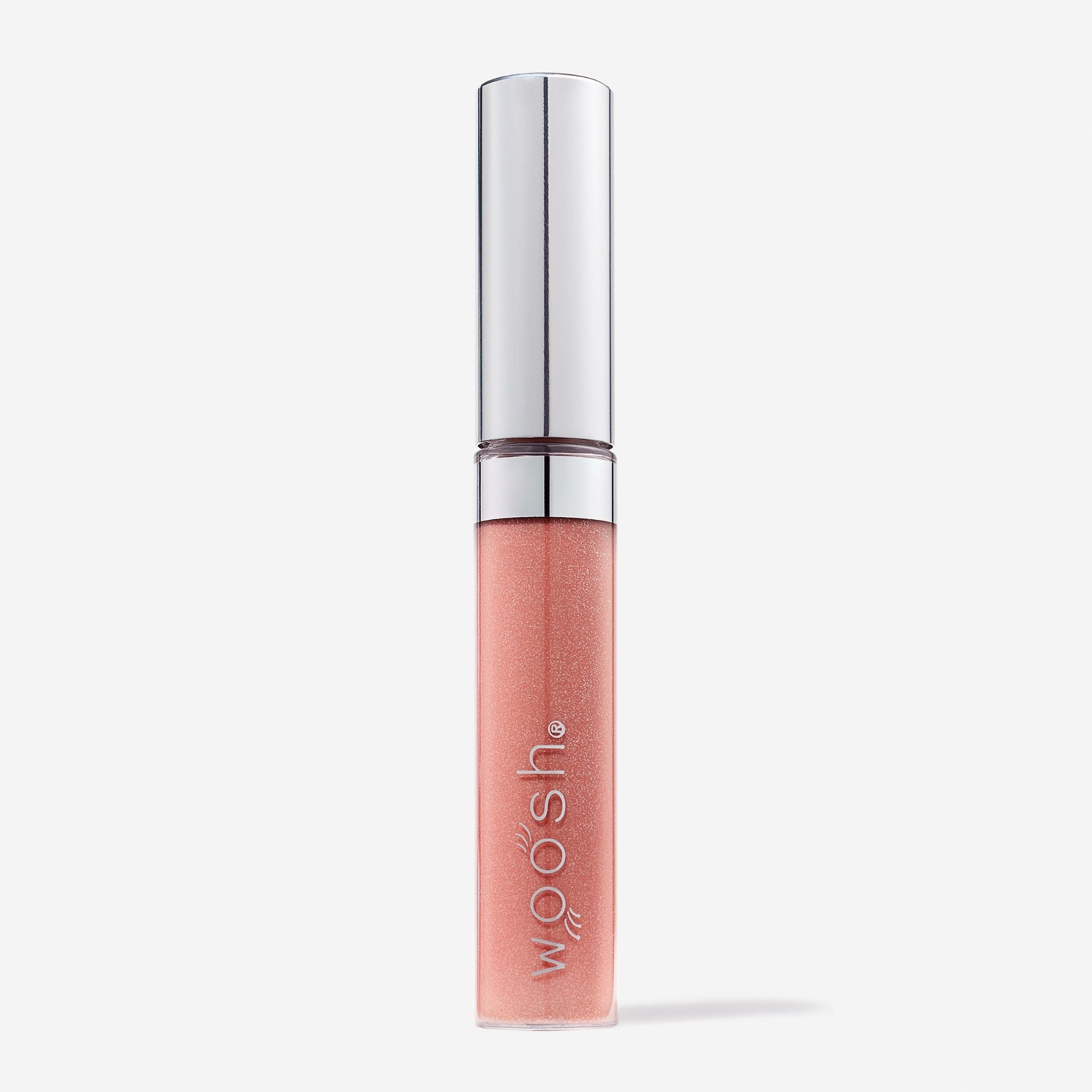 Vegan, moisturizing, shea butter, hyaluronic acid, Glam Peach / Glimmer spin on lip gloss by Woosh Beauty with shimmer