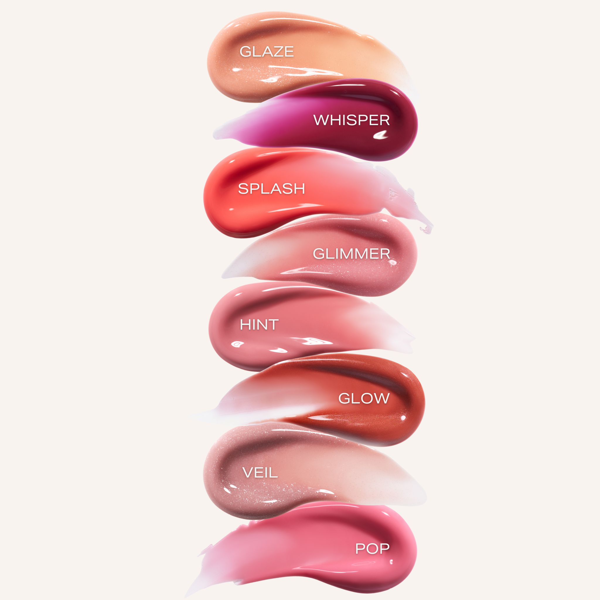All 8 of our amazing Spin on Lip gloss shades swatch globs. , infused with Shea butter and hyaluronic acid. Amazing berry and nude shades for all skin tone