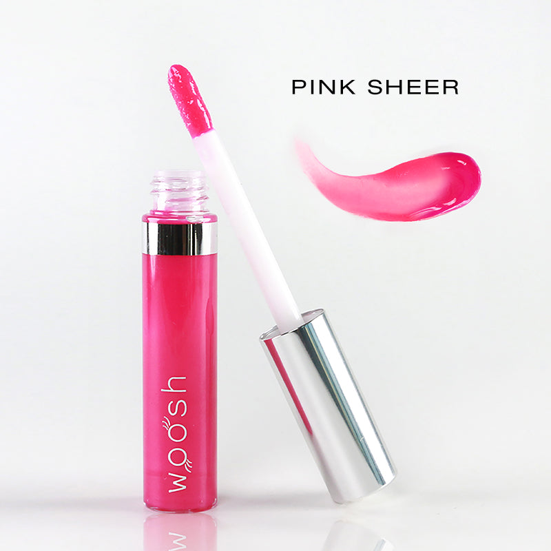 Vegan shea butter moisturizing Woosh Beauty Pink sheer spin-on lip gloss applicator 