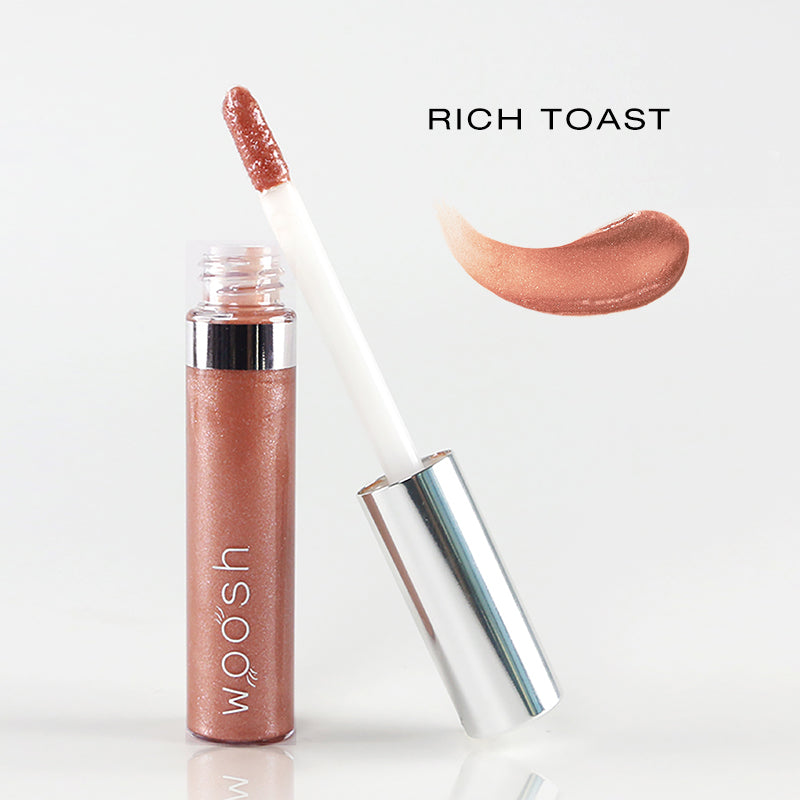 Vegan shea butter moisturizing Rich Toast (rose gold with brown undertone) Spin-On Woosh Lip Gloss with shimmer