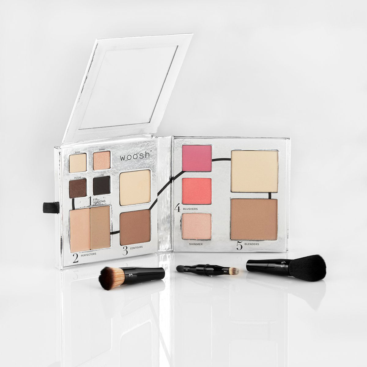 Fold out face palette with step by step instruction of how to apply makeup. It features four eyeshadows, 2 shades of creamy concealers, 2 contour powders in light and dark shades, 2 blushes in pink & coral, 2 shades of foundation powder and 1 shimmery highlighter. Includes secret collapsable brush set