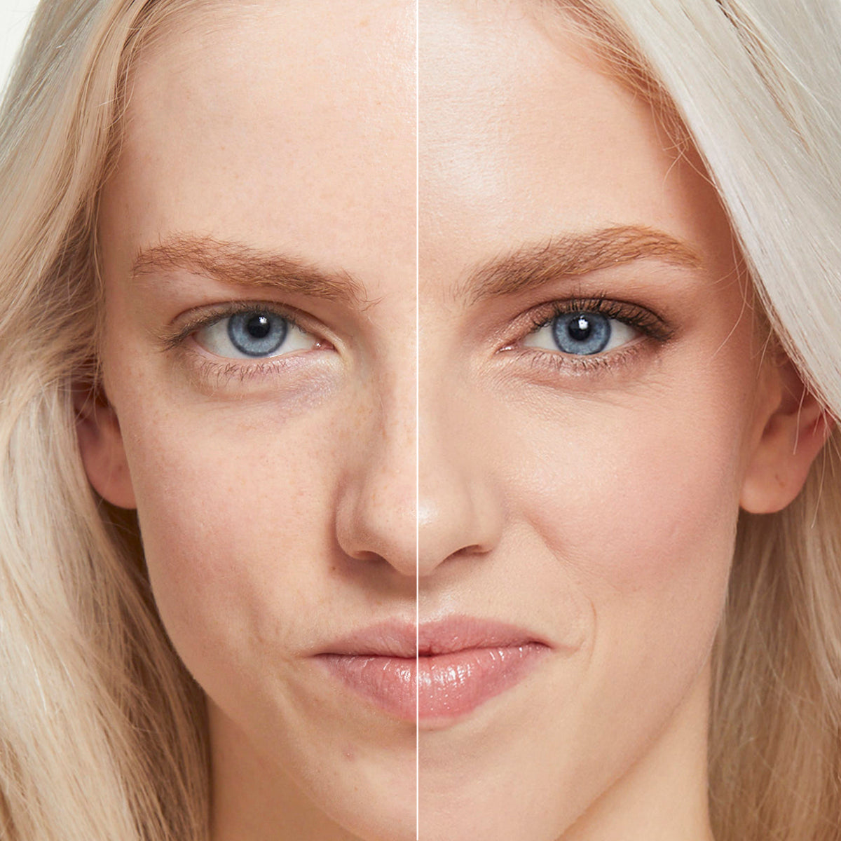 Before and after image of a model wearing the Fold Out Face palette #color_#1 light