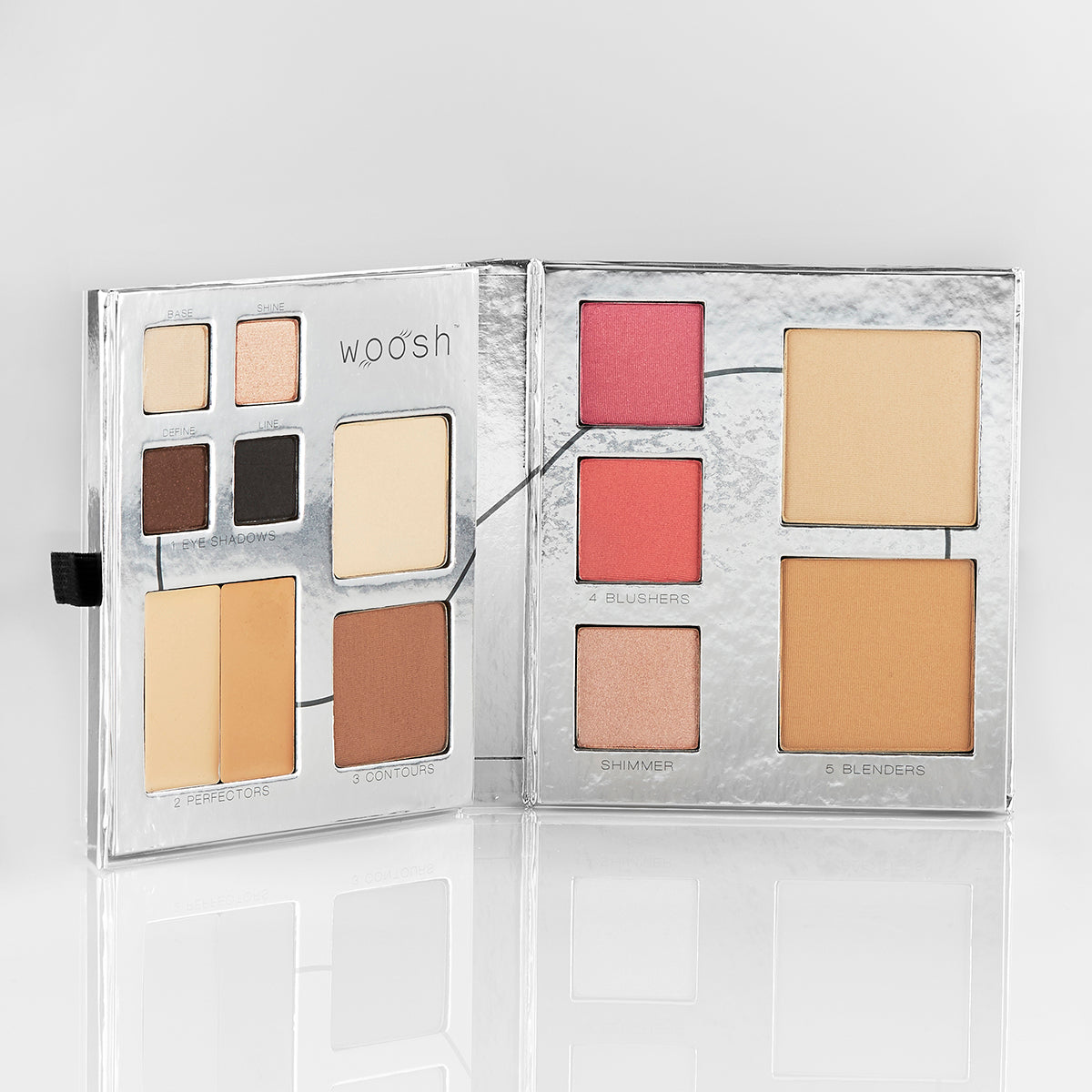 Fold out face palette with step by step instruction of how to apply the makeup included on the palette. It features four eyeshadows, 2 shades of creamy concealers, 2 contour powders in light and dark shades, 2 blushes in pink & coral, 2 shades of foundation powder and 1 shimmery highlighter