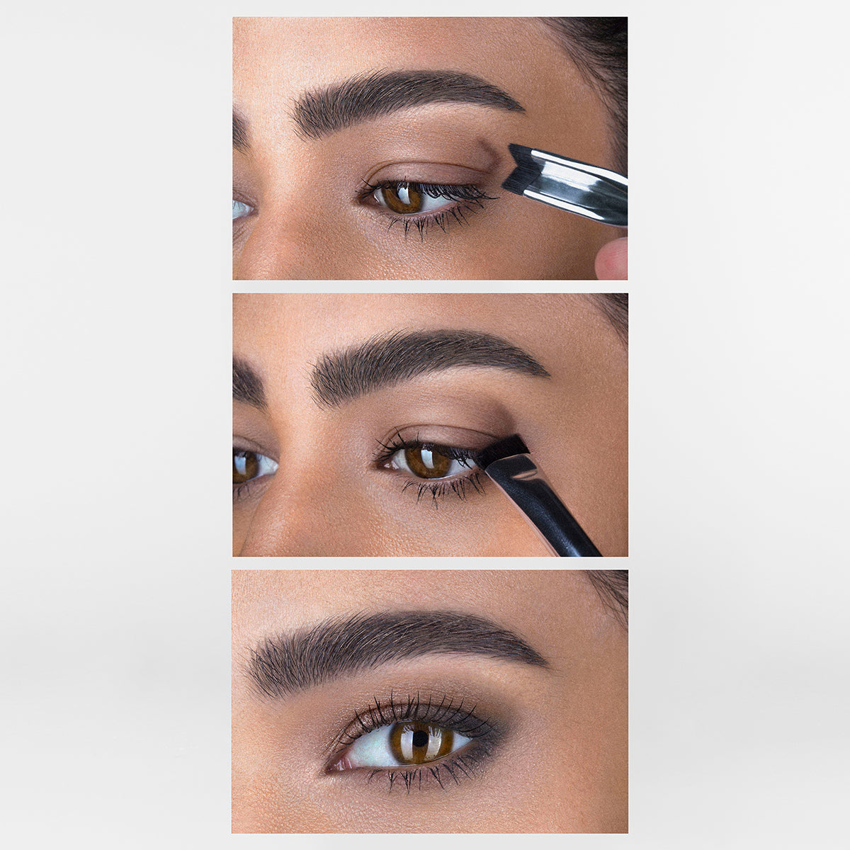Demonstration of creating a perfect eyeshadow look using the v-shaped end of the corner brush eye stamper and the angled end