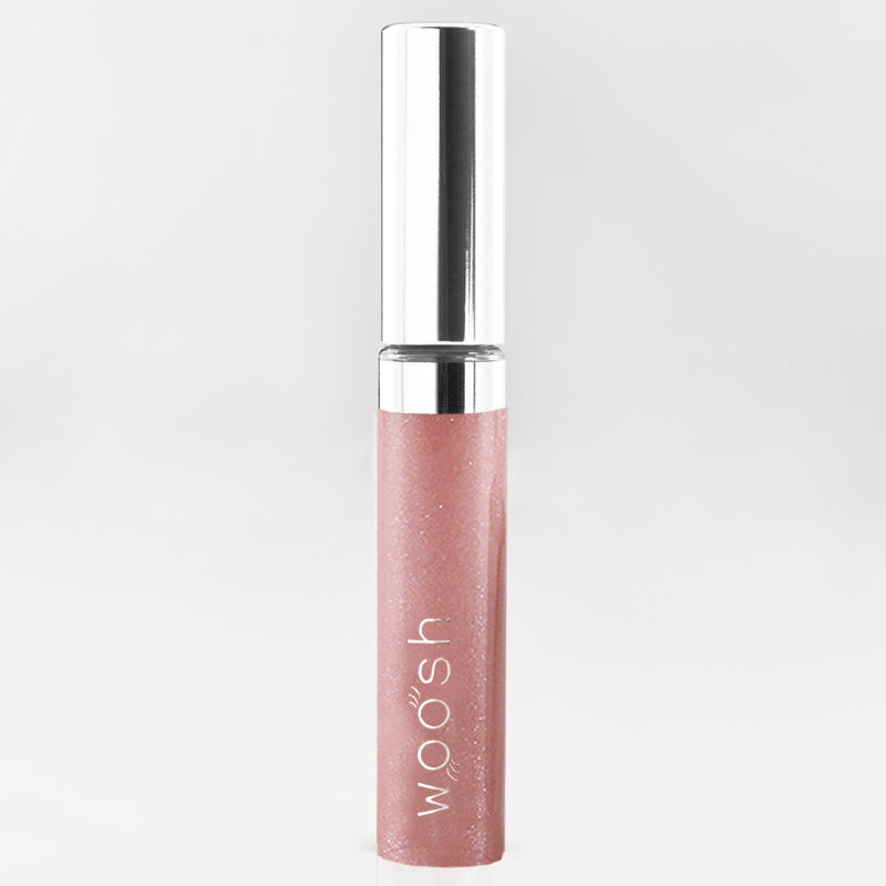 Vegan, moisturizing, shea butter, Beige frosted spin on lip gloss by Woosh Beauty with shimmer