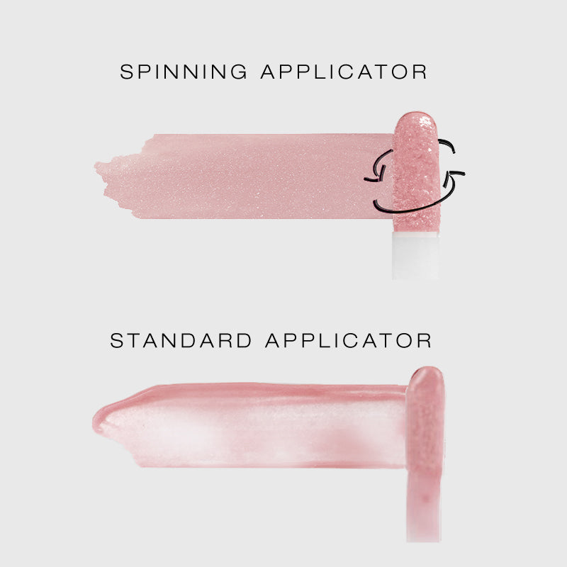 Visual of the spin-on lip gloss applying more densely and thoroughly compared to a standard applicator