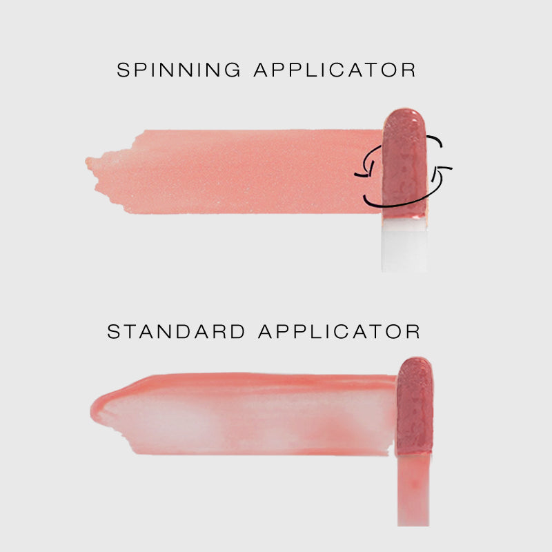 Demonstration of beige natural spin-on lip gloss application as more dense and thorough compared to a standard applicator