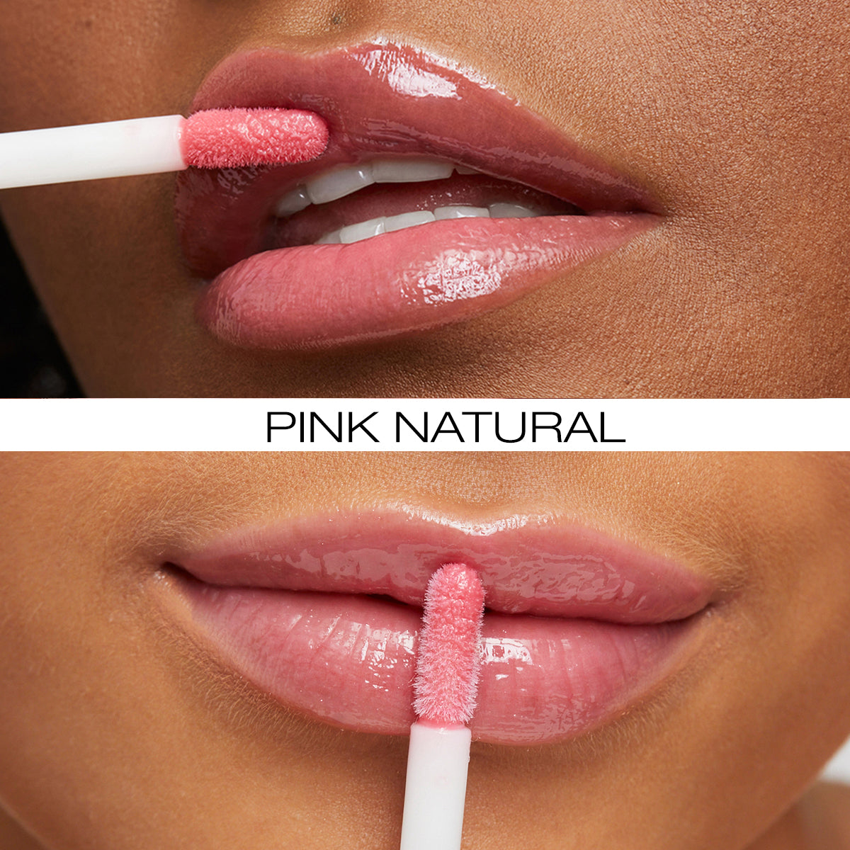 Pink natural mini lip gloss applied to model lips