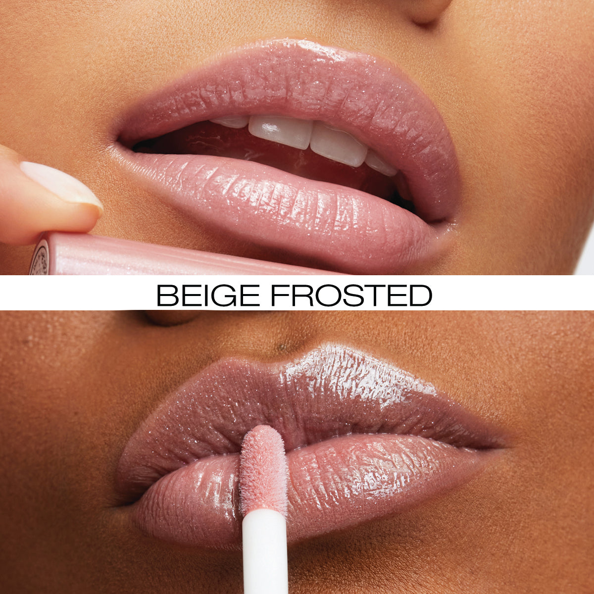 Beige frosted mini lip gloss applied to model's lips