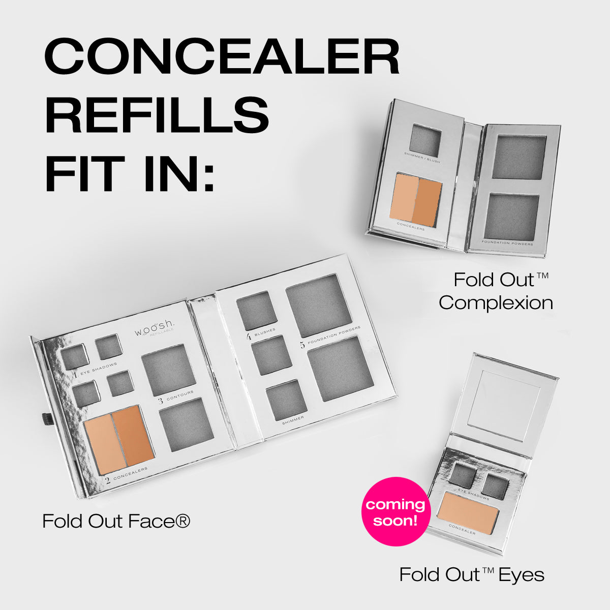 images of the fold out complexion, fold out face, and fold out eyes with the concealers placed inside the empty palette.
