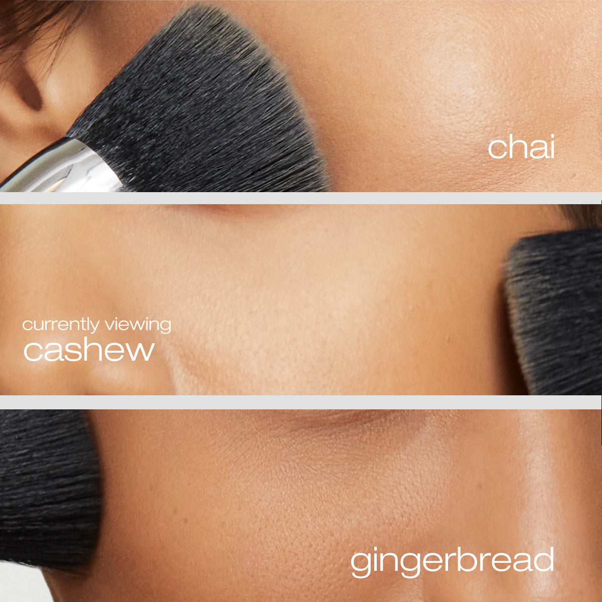 Model applying chai, cashew, and gingerbread foundation on cheeks