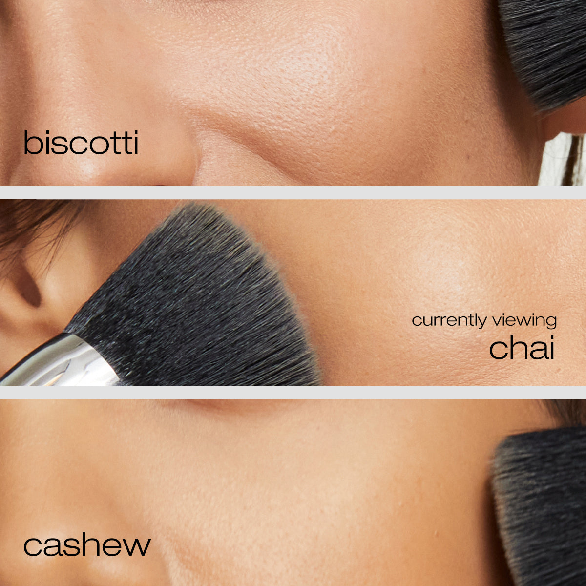 Model applying biscotti, chai, and cashew foundation on cheeks