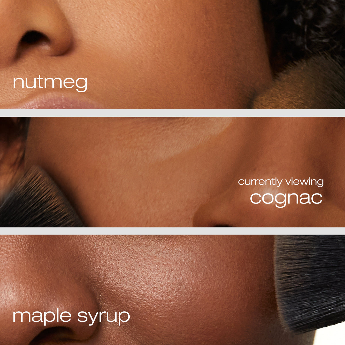 Model applying nutmeg, cognac, and maple syrup foundation on cheeks