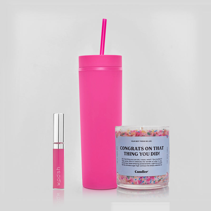 Pink Sheer Spin-On Lip Gloss applicator, hot pink matte tumbler with straw, and "Congrats on that thing you did!" pink sprinkle candle three pack gift set