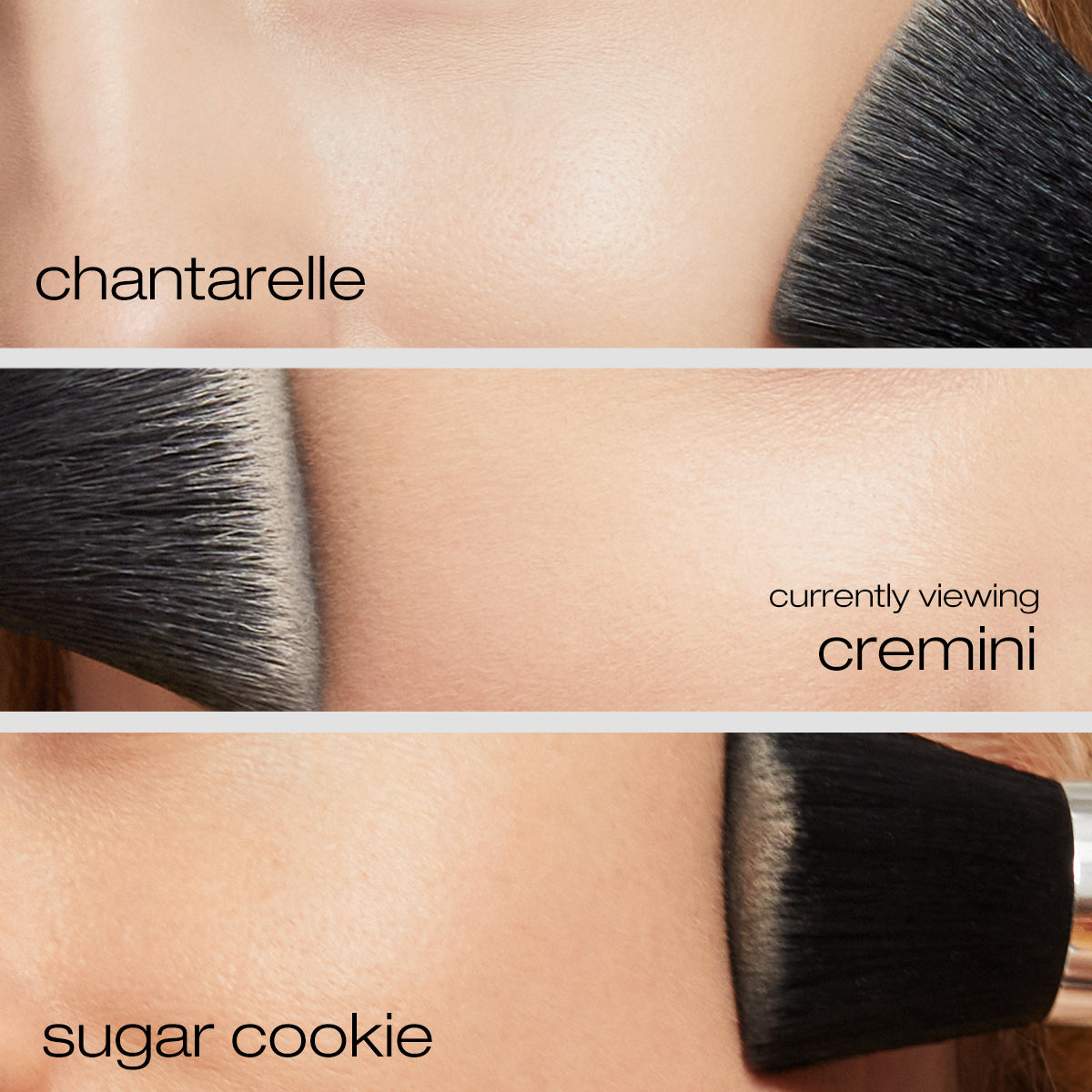 Model applying chantarelle, cremini, and sugar cookie foundation on cheeks