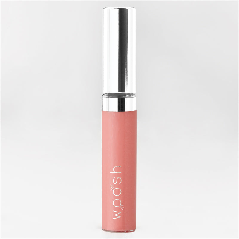 Vegan, moisturizing, shea butter, Glam Peach spin on lip gloss by Woosh Beauty with shimmer