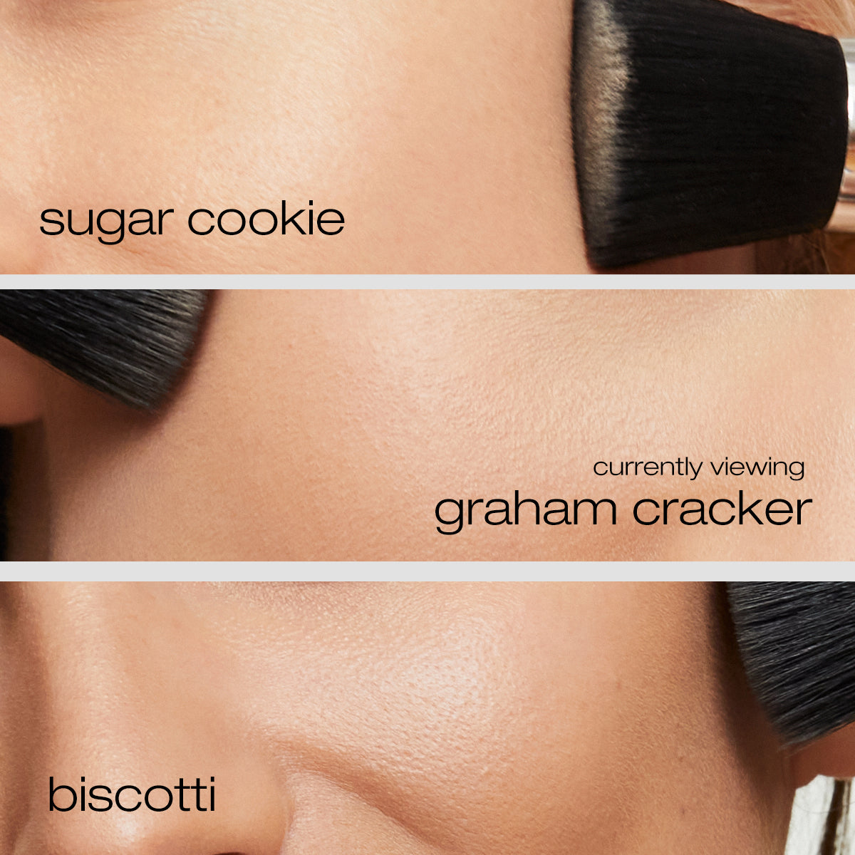 Model applying Sugar cookie, graham cracker, and biscotti foundation on cheeks