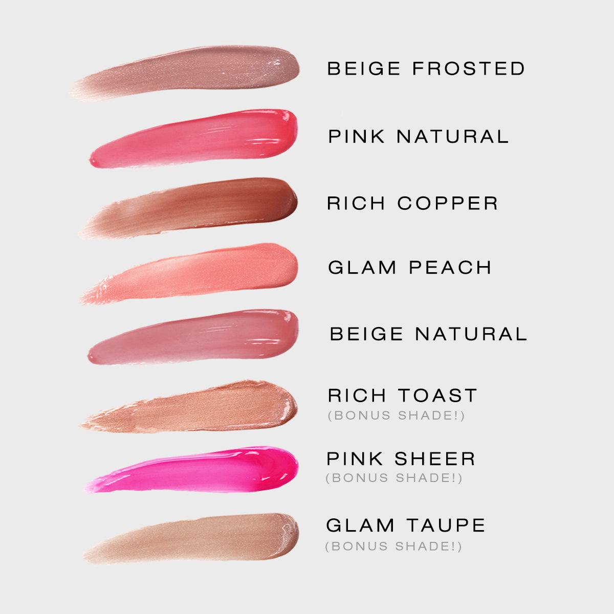 Spreads of all of the lip gloss shades in the Boss Gloss Bundle