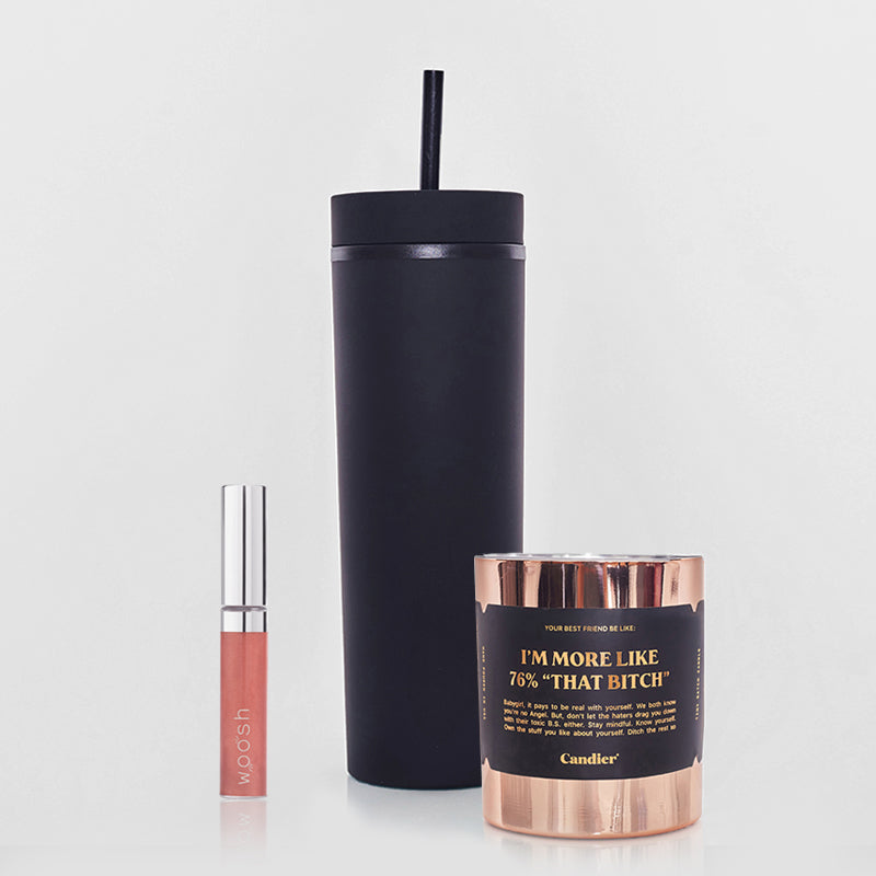 3 pack bundle with Woosh Spin-On Lip Gloss in shade Rich Toast with shimmer, rose gold "that bitch" candle, and black matte tumbler with straw