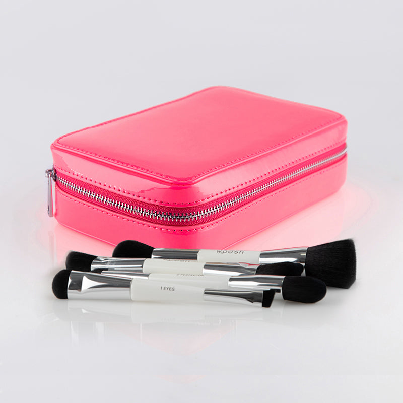 Hot pink fold out case and four pack essential brush set