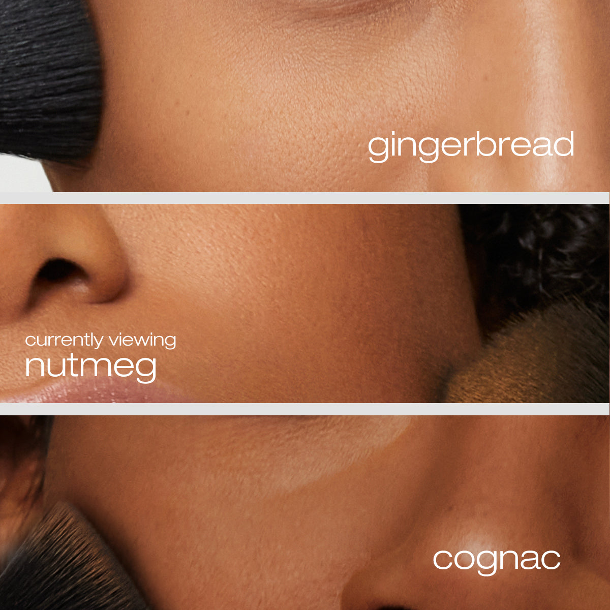 Model applying gingerbread, nutmeg, and cognac foundation on cheeks