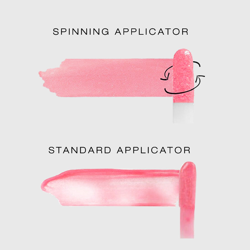 Visual of the spin-on lip gloss applying more densely and thoroughly compared to a standard applicator