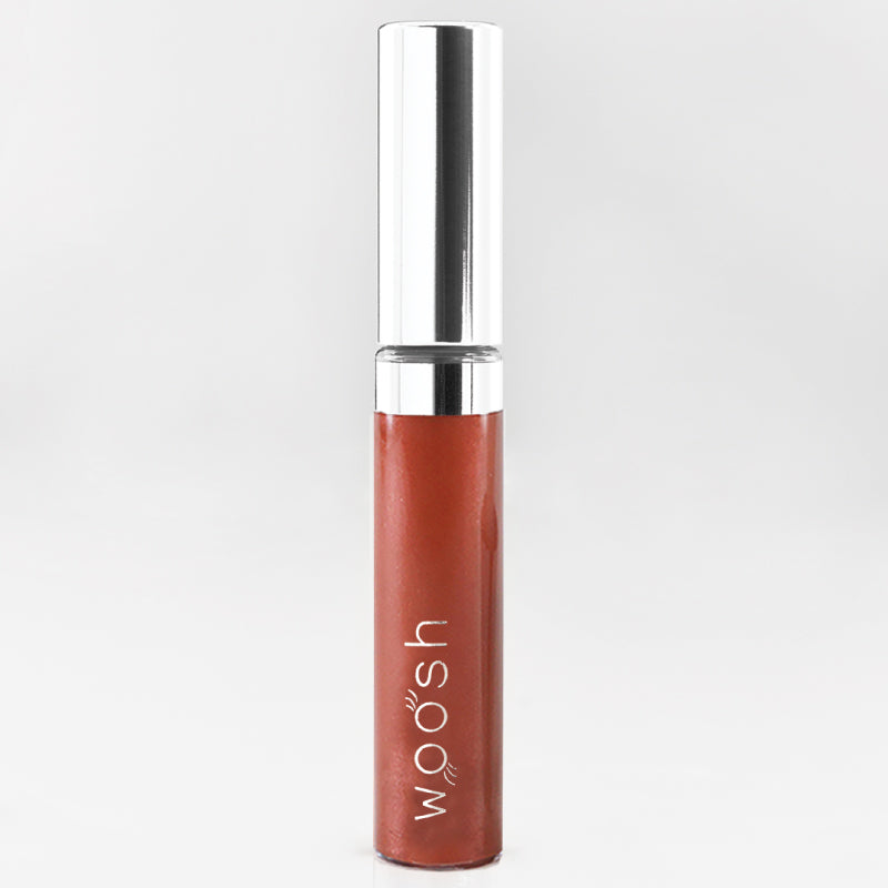Vegan, moisturizing, shea butter, rich copper spin on lip gloss by Woosh Beauty with shimmer