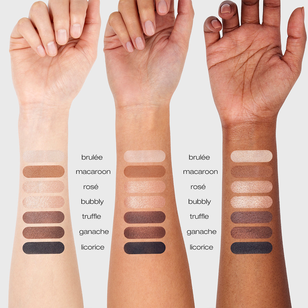 Spread of all eye shadow colors against 3 different skin tones