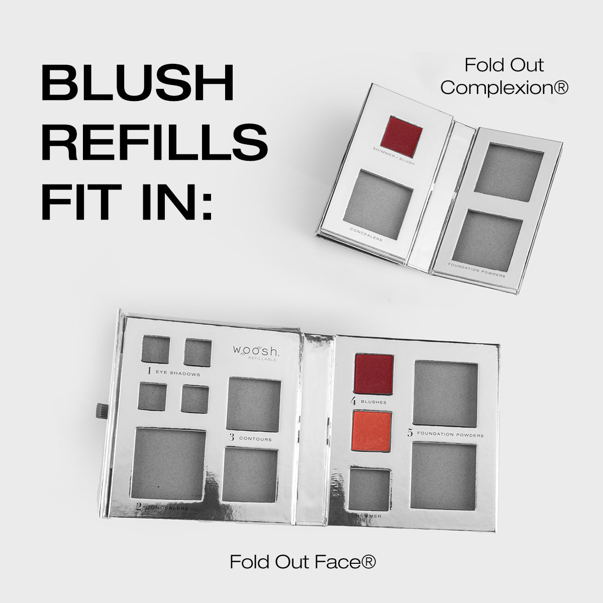 Demonstration of how blush refills fit in the fold out face and fold out complexion