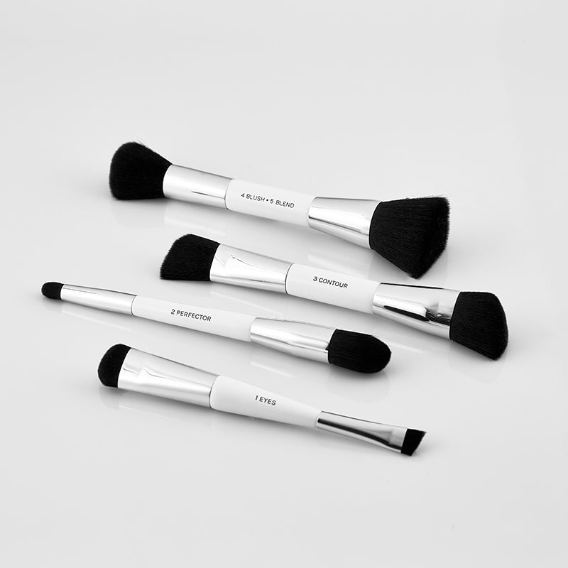 the full essential brush set makeup brush set with four brushes (blush & blend, contour, perfector, and eyes dual ended brushes)